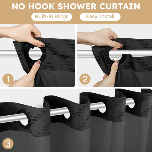 FADOTY No Hook Shower Curtain and Liner Set, Black Snap in Shower Curtain Ringless Chevron Tufted Cloth Waterproof Washable Fabric Bath Curtain with See Through Top Window for Bathroom Hotel 71" x 74"